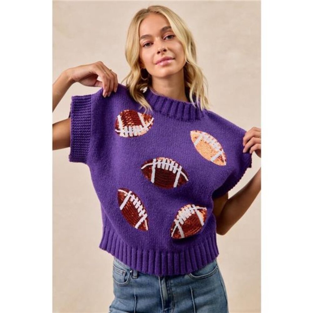✨NWT‎ BiBi Gameday Sequin Football Patches Rib Banded Sweater